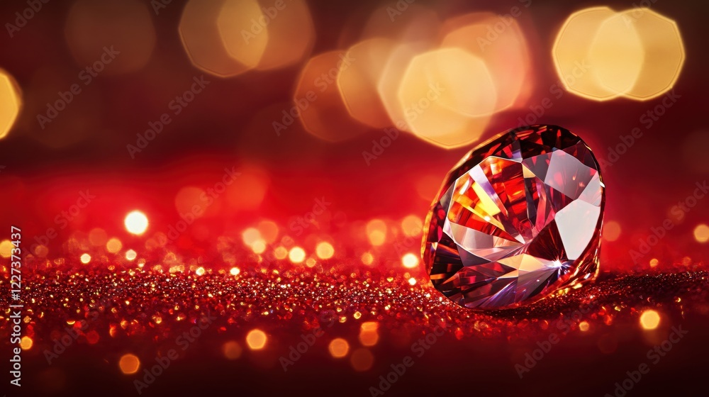 Poster red faceted gem resting on sparkling surface with bokeh lights in a warm color palette