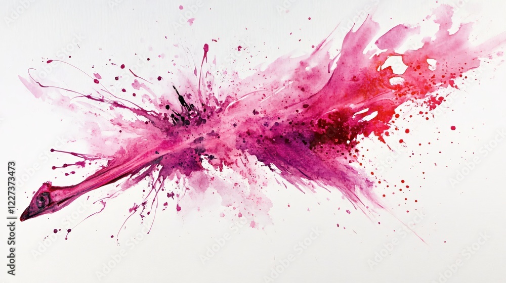 Poster abstract watercolor painting with dynamic pink and red splashes on a white canvas background