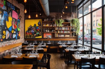 Design an interior of the cafe in an industrial style, with wooden elements and green plants.