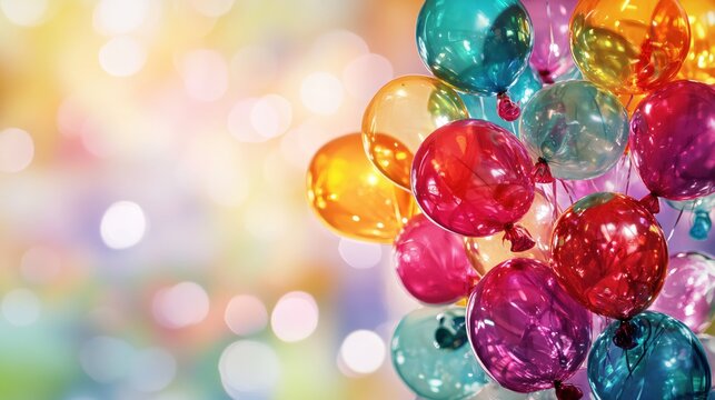 Colorful balloons floating against a blurred bokeh background creating a festive and celebratory mood