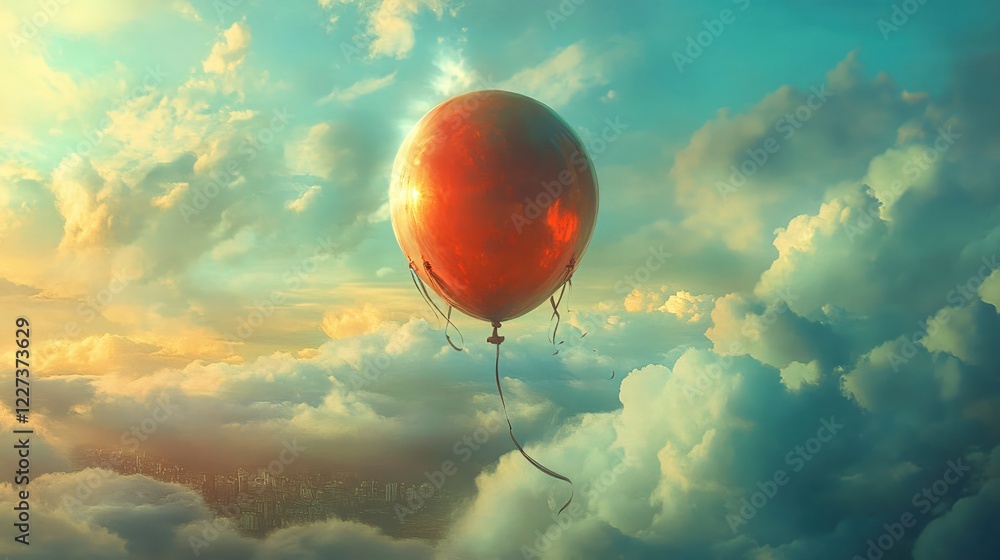 Poster red balloon floats above clouds with city visible below in a dreamy surreal scene