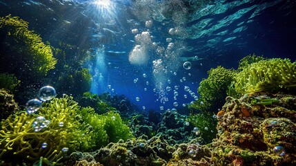 Obraz premium A stunning marine habitat with dense kelp and algae fields, the scattered bubbles and bright blue ocean emphasizing its vibrant biodiversity