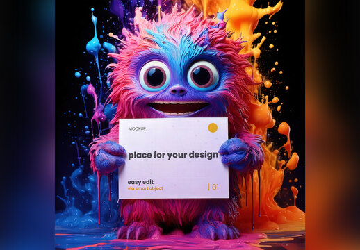 Crazy Baby Monster Holding Horizontal Page Poster Mockup and Colorful Splash in the Back