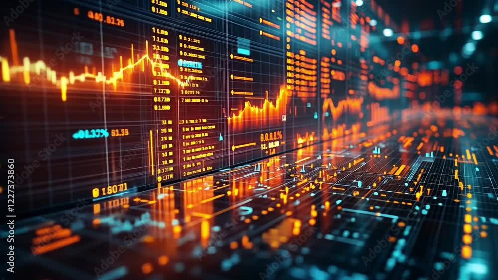 Poster dynamic data visualization showcasing stock market trends with glowing graphs and analytics at night