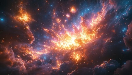 Naklejka premium Fiery nebula explosion amidst cosmic dust clouds in deep space