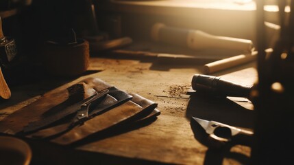 Scene of a leather crafting setup. Featuring leather pieces, tools, and a completed item. Highlighting the art of leather crafting. Ideal for DIY and craft blogs.