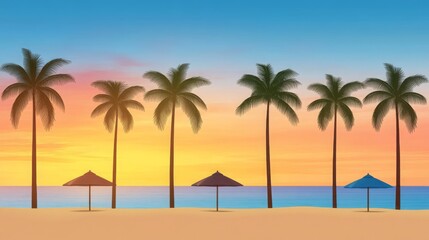 Tranquil Sunset Beach Scene with Palm Trees and Umbrellas Peaceful Tropical Vacation Paradise