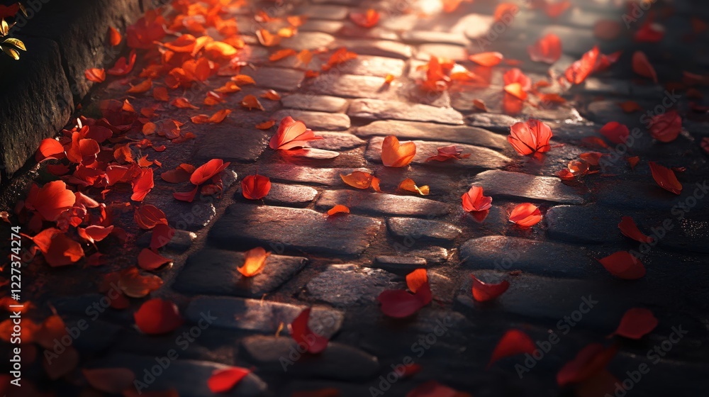 Poster Red petals scattered on a stone path with soft light creating a romantic and serene scene