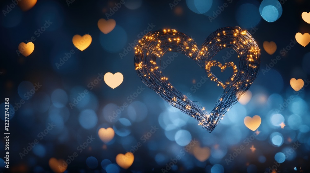 Poster glowing heart shape made of wire with small lights against a dark blue bokeh background