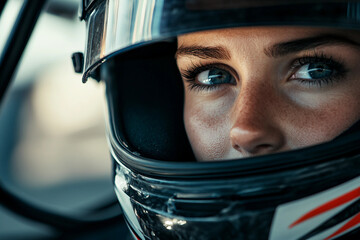 Intense portrait of a focused car racer in a helmet showcasing determination and speed, generative AI