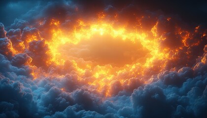 Fiery ring in dramatic clouds, dark sky background, fantasy concept