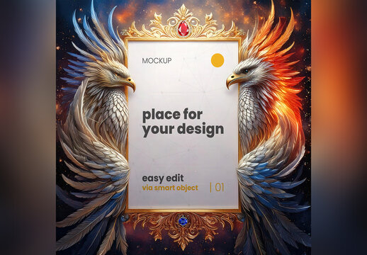 Frame Page Poster Mockup with Two Mythical Fenix Birds on the Sides and Jewels