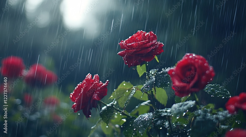Poster red roses in soft rain with water drops on petals and leaves creating a moody atmosphere