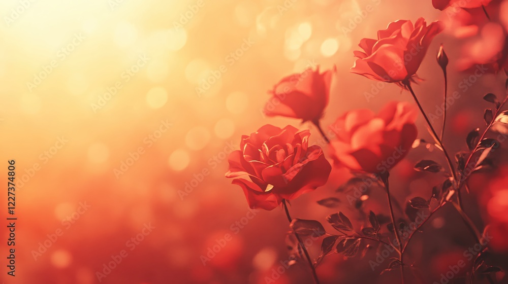 Poster Red roses in warm light with bokeh effect creating a soft and romantic floral background