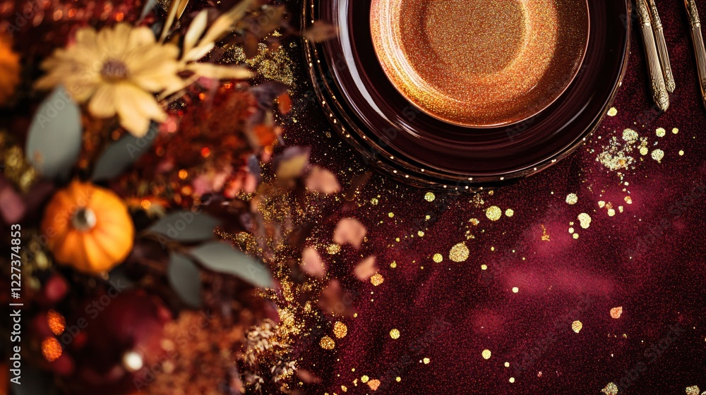 Poster elegant autumn table setting with gold accents and deep red background for festive occasions