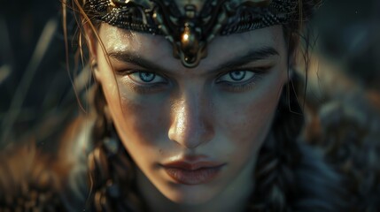Close-up portrait of a woman with long brown hair, a crown, and a serious expression.