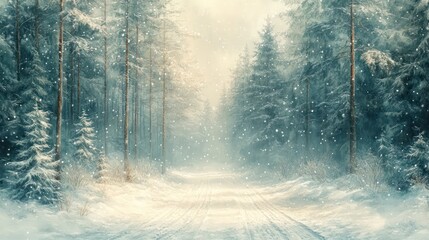 Snowy forest path, winter wonderland, sunlight, calm