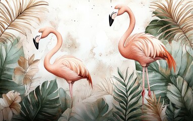 Tropical Flamingo Watercolor Pattern with Palm Leaves Botanical Design