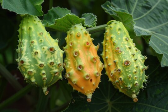 Three kiwano fruits growing on a vine, ripening in the sun