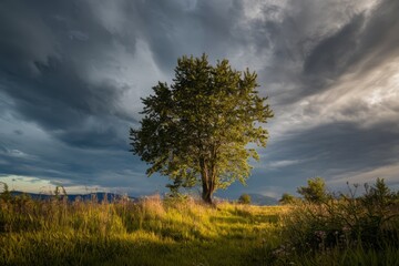 Obraz premium Lone tree stands resilient under dramatic stormy skies.