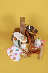 Retro baking utensils on vintage background 