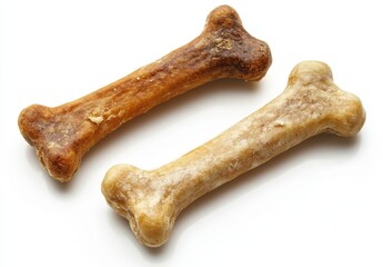Two dog bones are shown, one brown and one white