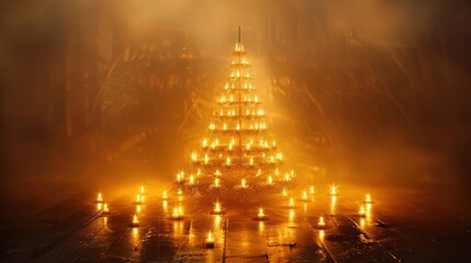 Illuminated pyramid of candles in a misty atmosphere, creating a serene and mystical ambiance