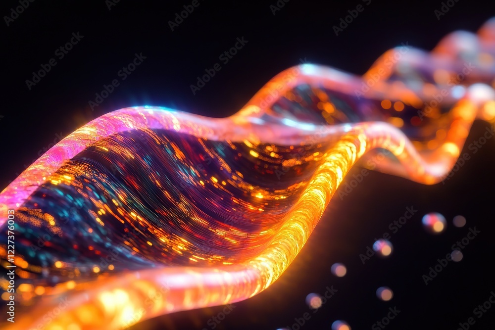 Poster a glowing, wavy quantum string against a black background. the strings form an s-shaped curve