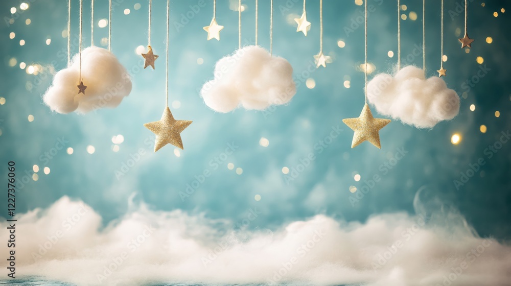 Poster hanging clouds and stars on strings with bokeh lights for dreamy celestial background