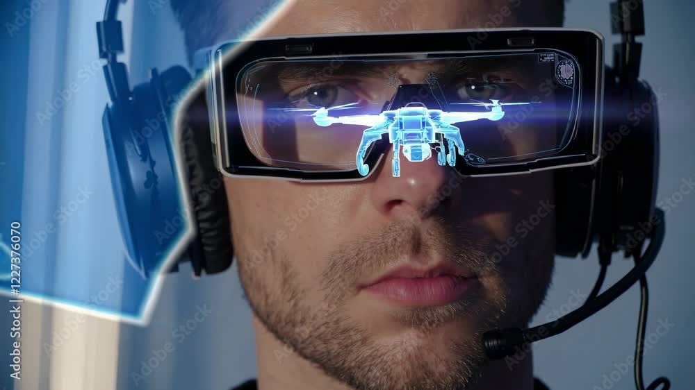 Poster man using futuristic augmented reality glasses in a high-tech environment, focusing on drone control
