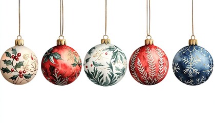 Five hanging Christmas ornaments with festive designs on white