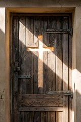 Cross-shaped light pattern on rustic wooden door.