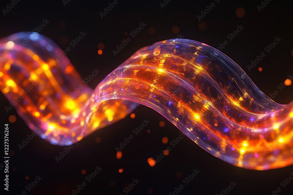 Poster a glowing, wavy quantum string against a black background. the strings form an s-shaped curve