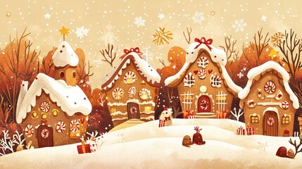 Festive gingerbread village with snow falling and gifts in a warm and cozy winter scene