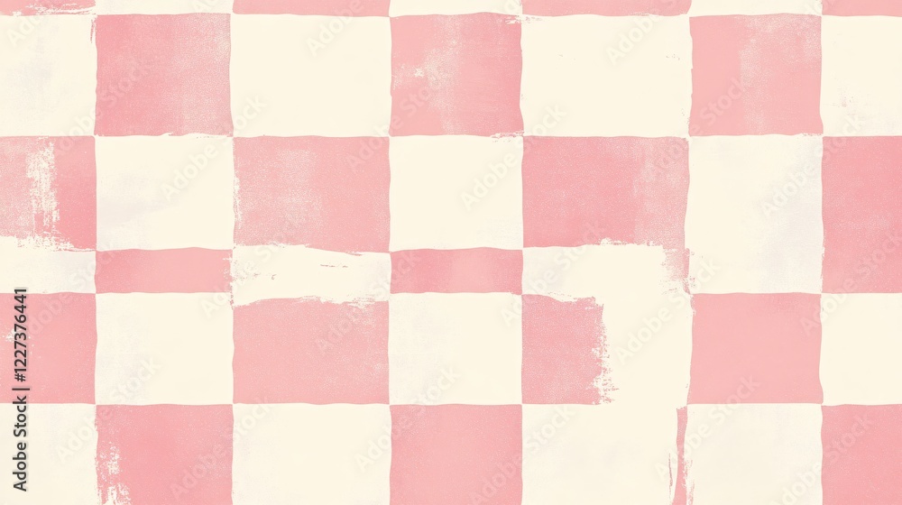 Poster pink and cream checkerboard pattern with brushstroke texture for textile or background design