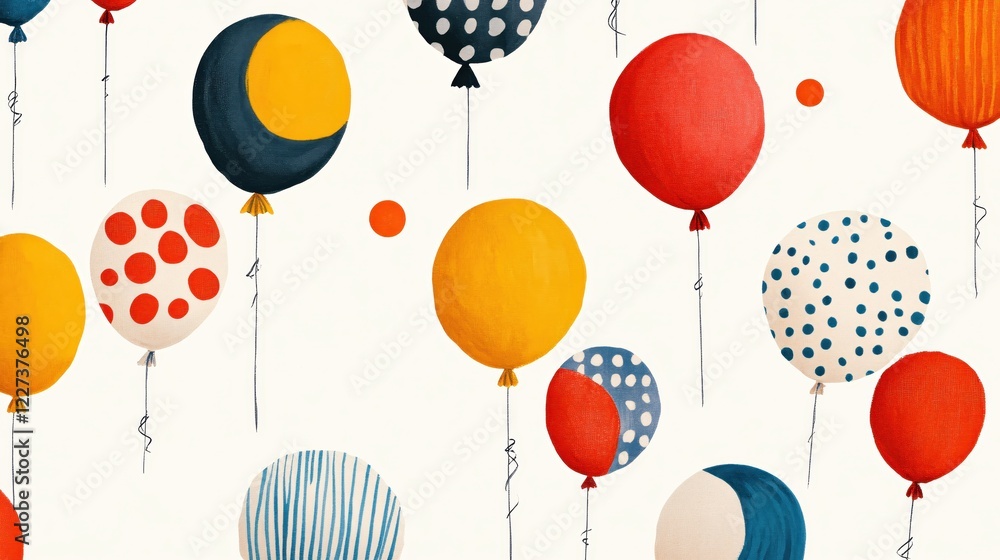 Poster colorful balloons floating against a white background with various patterns and shapes in a playful 