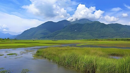 A beautiful green field with a majestic mountain, a clear river and a vast sky in the background. The idyllic and serene natural scenery creates a peaceful and charming atmosphere.
