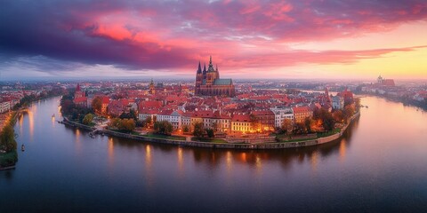 Naklejka premium Panoramic Aerial View of Wroclaw Ostrów Tumski at Sunset