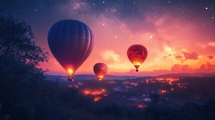 Three Hot Air Balloons Float Over a City at Dusk Under a Starry Sky with Vibrant Colors