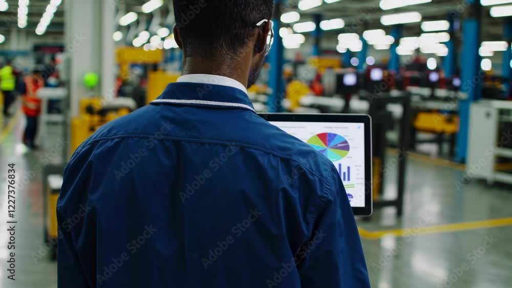 Poster worker analyzes production data in a large factory setting with modern equipment and charts