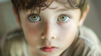 A close-up portrait of a young boy with large, green eyes.