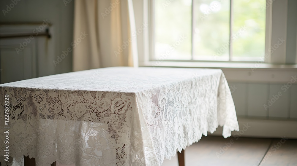 Poster empty table with lace tablecloth in a bright room with natural light from a large window