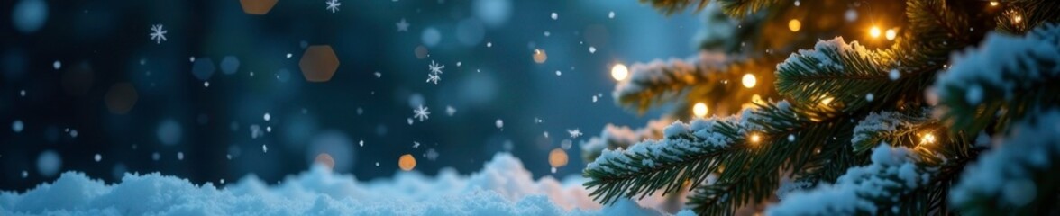 Snowflakes gently falling around a Christmas tree, shining icicles, illuminated evergreen tree