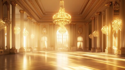 Fototapeta premium Grand ballroom with golden chandeliers and sunlight streaming through large arched windows