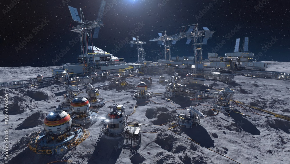 Poster futuristic mining colony on the moon expanding its operations with new modules and infrastructure un