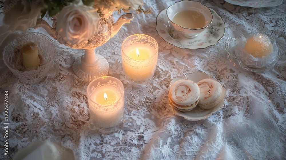 Poster Elegant table setting with candles tea and macarons on a lacy tablecloth creating a warm glow