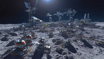 Futuristic mining colony on the moon expanding its operations with new modules and infrastructure under a starry sky, showcasing the potential of human expansion into space