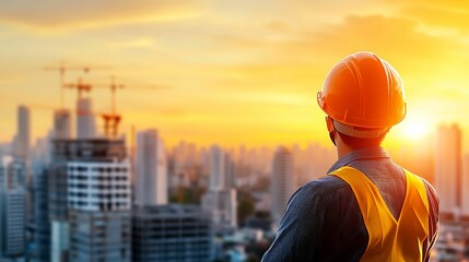 leadership development skills responsibility. A construction worker observes a vibrant sunset over a city skyline, symbolizing hard work and new beginnings.