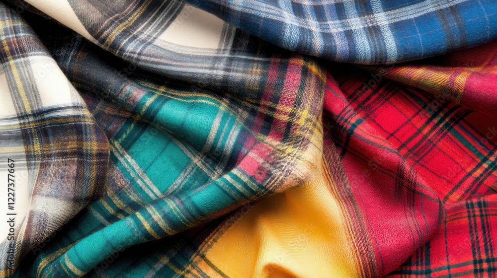 Poster colorful plaid fabric textures displaying vibrant patterns and intricate weaves for design use