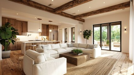 Fototapeta premium Modern living room with large sectional sofa, wooden beams, and open kitchen area, surrounded by nature